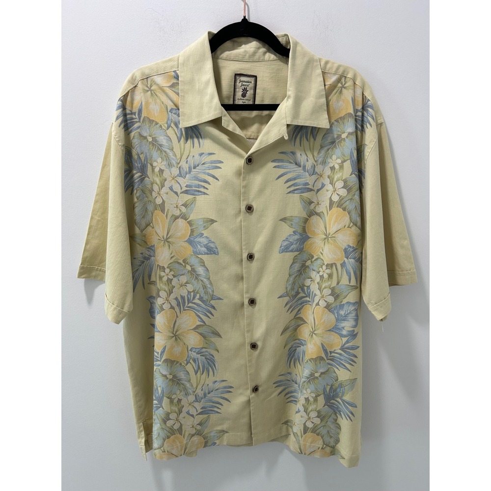 Jamaica Jaxx Mens Large Silk Tropical Floral Button Down Camp Shirt Yellow Blue